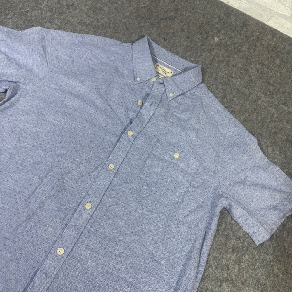 Weatherproof Vintage Mens Large Blue Linen Cotton Short Sleeve Button Down Shirt